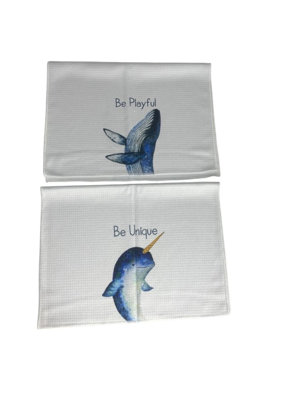 Set of 2 Kitchen Waffle Towels Be Unique Be Playful White Whale Dolphin New